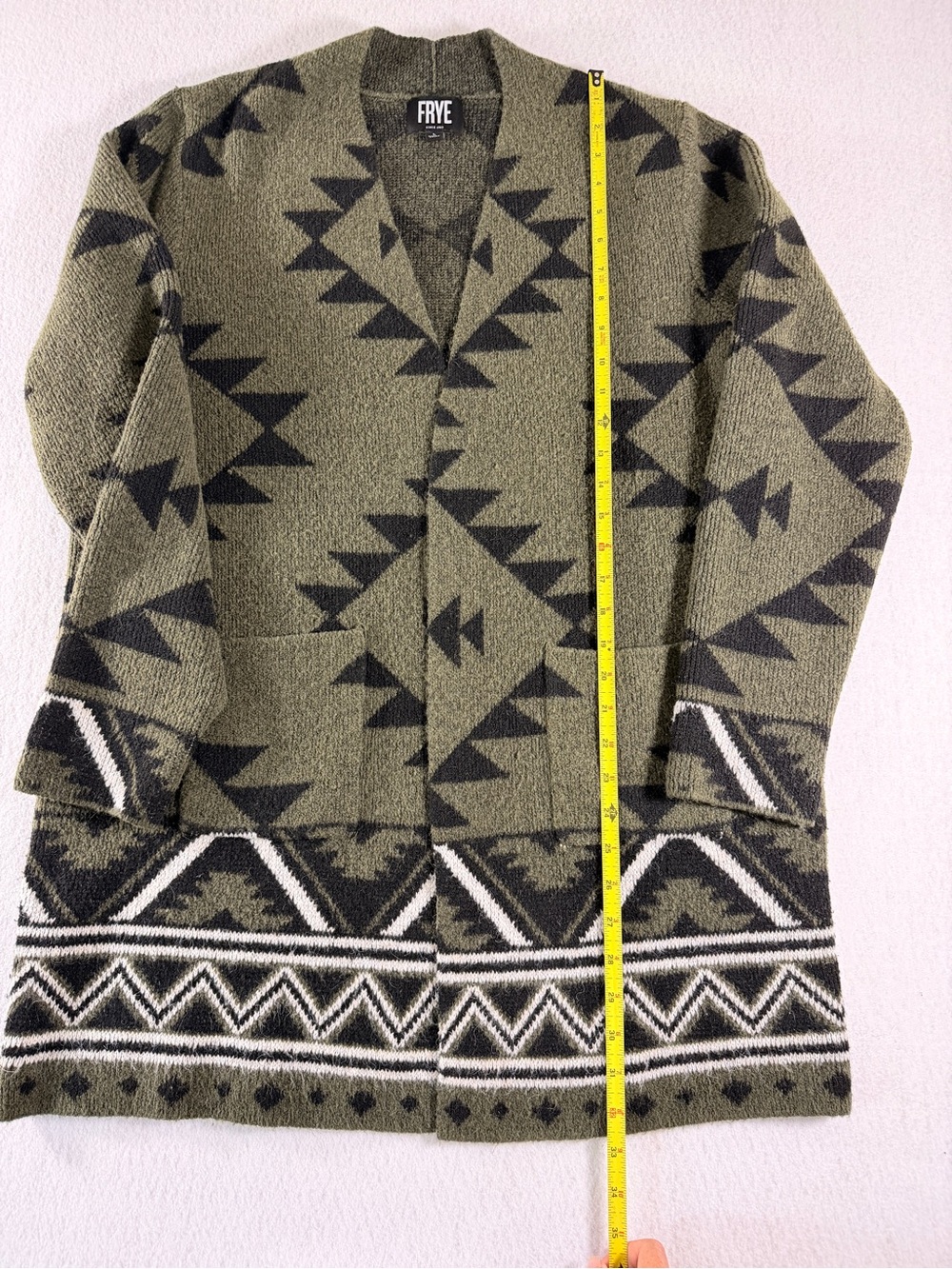 Frye Aztec Southwestern Olive and Black Geometric Open-Front Cardigan - Picture 5 of 7